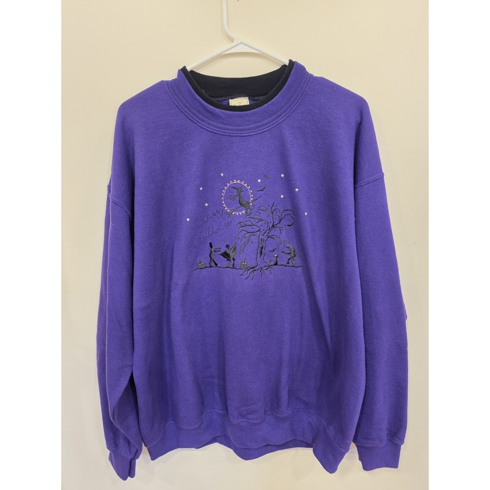 Vintage Patricia's Closet Halloween Witch Sweatshirt L Purple Embroidered 90s